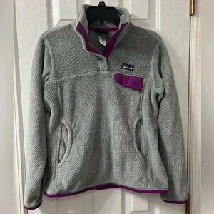 Patagonia Light Gray Teddy Fleece Pullover with Purple Accents